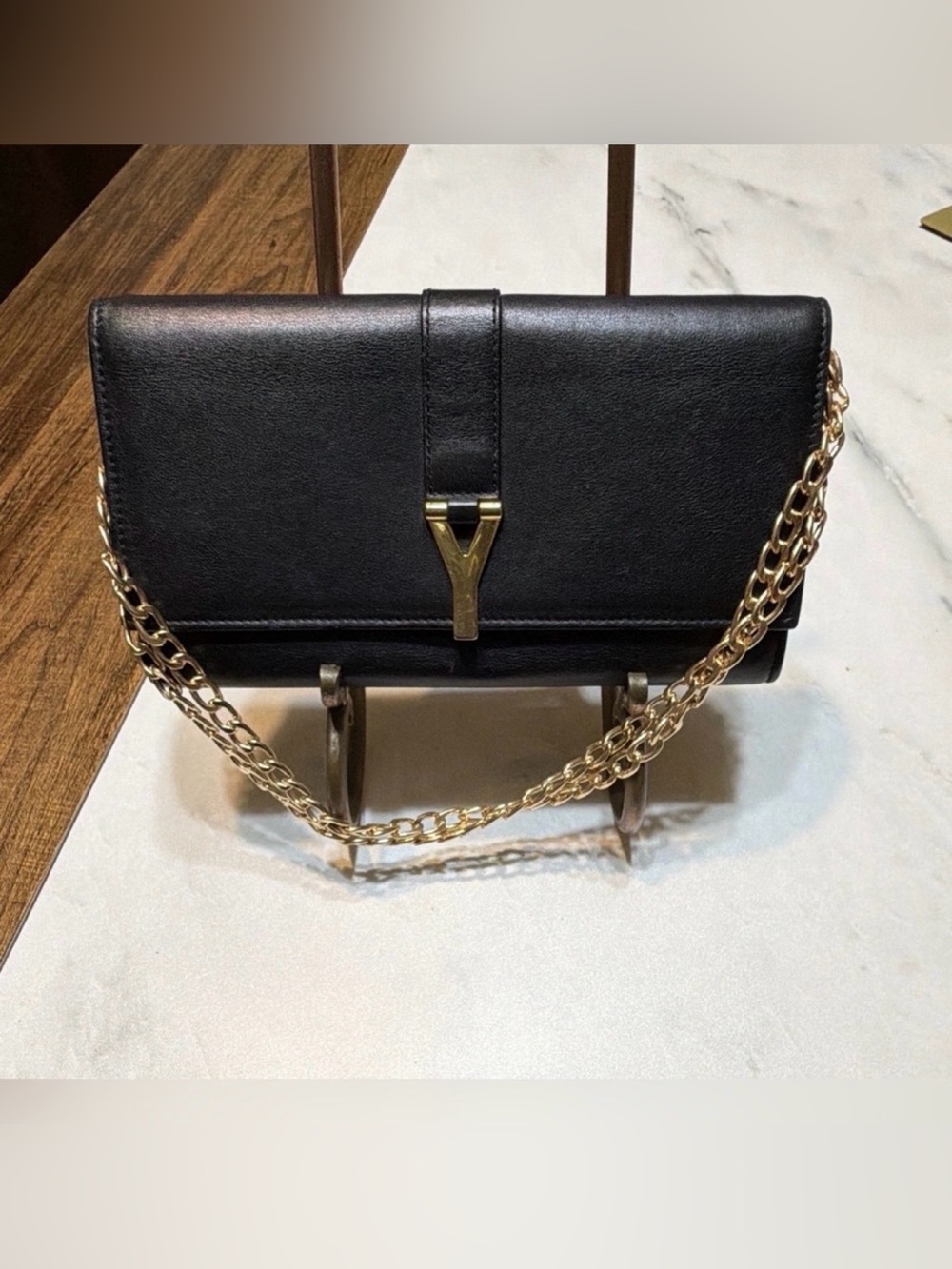 Saint Laurent YSL Black Leather Vintage Wallet with an unbranded Chain